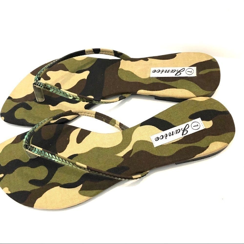 Camouflage camo green olive sequin sandals thongs NEW NIB NWT flip flops 6.5 - Picture 4 of 12